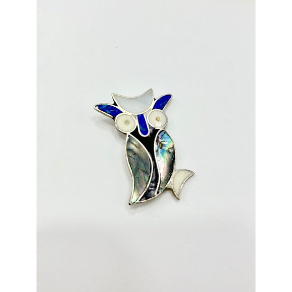 Vintage Alpaca Silver Mexico Owl Bird Pin Brooch with Abalone Shell Stone Inlay - Picture 3 of 10